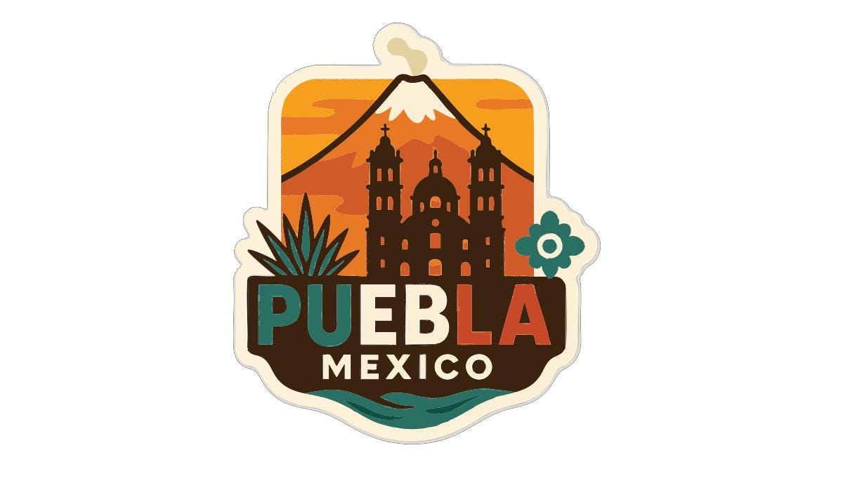 A colorful sticker or label featuring the text "PUEBLA MEXICO" and an illustration of a mountain with a church, along with other stylized elements.