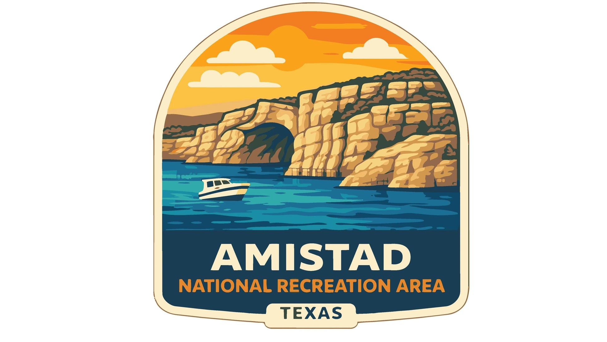 a sticker or emblem with a scenic landscape, including a boat on the water, a cliff, and a sunset. The text "AMISTAD NATIONAL RECREATION AREA" is prominently displayed, indicating the location as the Amistad National Recreation Area in Texas.