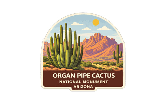 a label or sticker with an illustration of a cactus plant and mountains in the background, representing the Organ Pipe Cactus National Monument in Arizona.