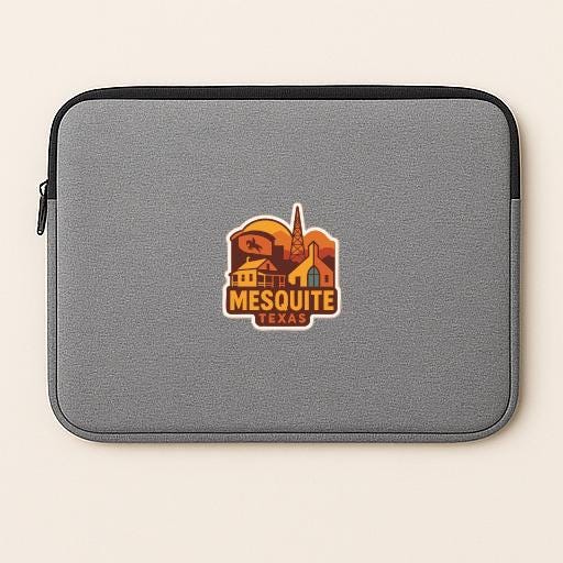 a gray laptop sleeve with a logo of Mesquite, Texas, on it.