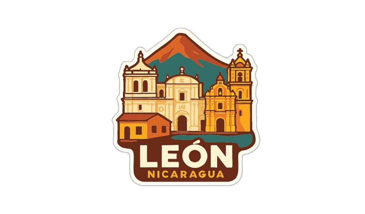 A sticker or emblem featuring the city of Leon, Nicaragua, with various landmarks and buildings depicted in a stylized illustration.