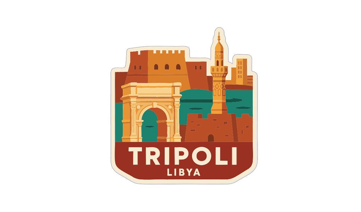 a sticker or emblem with the text "TRIPOLI LIBYA" and an illustration of a city skyline, including a tower and a castle.
