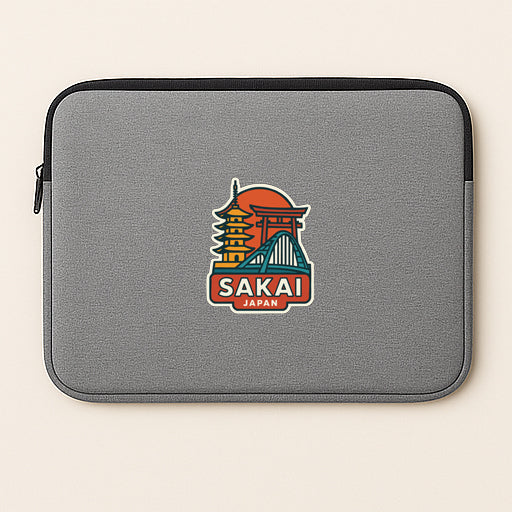 A gray laptop sleeve with a colorful sticker depicting a temple and the text "SAKAI JAPAN" printed on it.