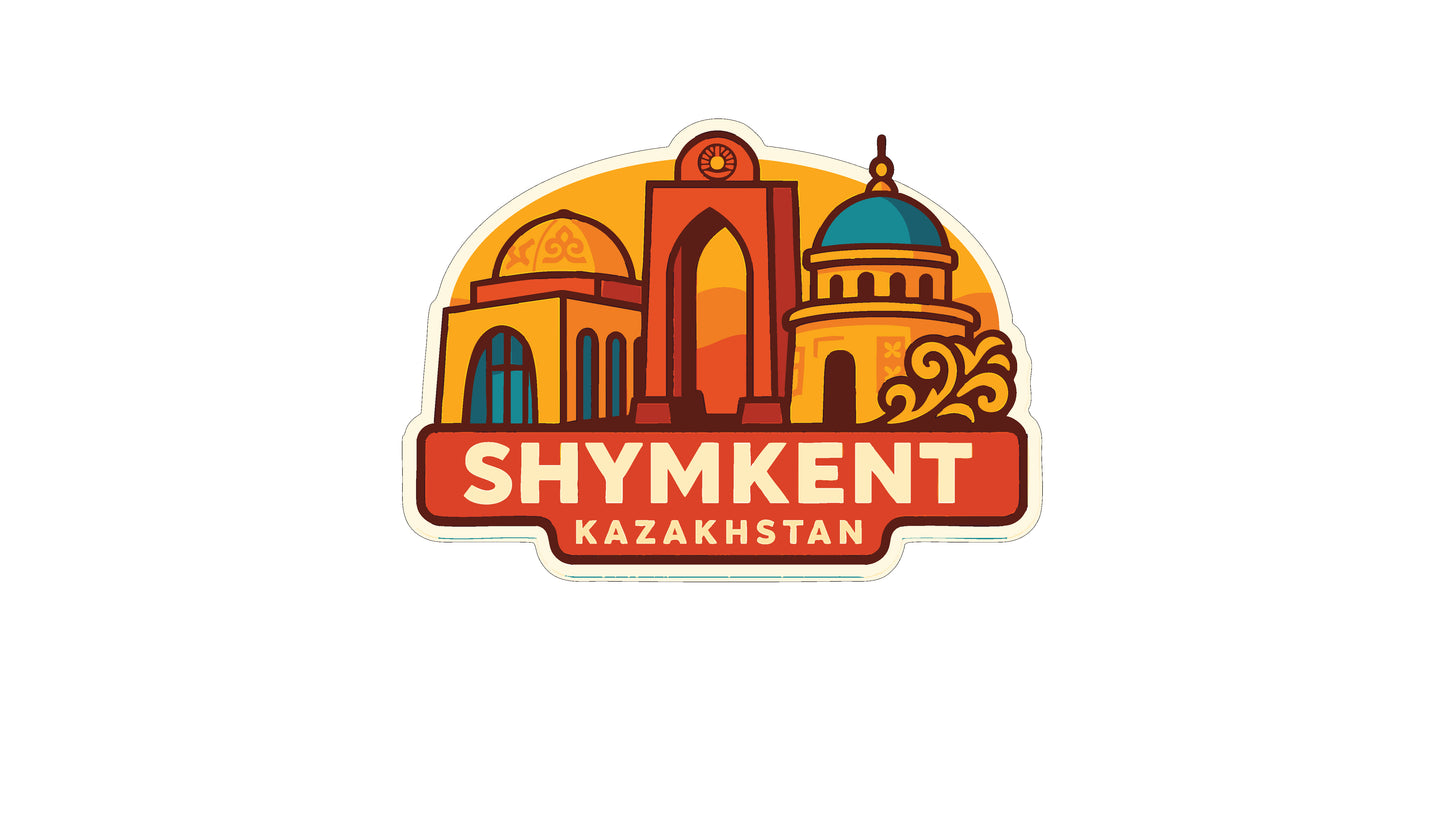 a stylized illustration of the skyline of Shymkent, Kazakhstan, with a prominent clock tower and domed buildings.