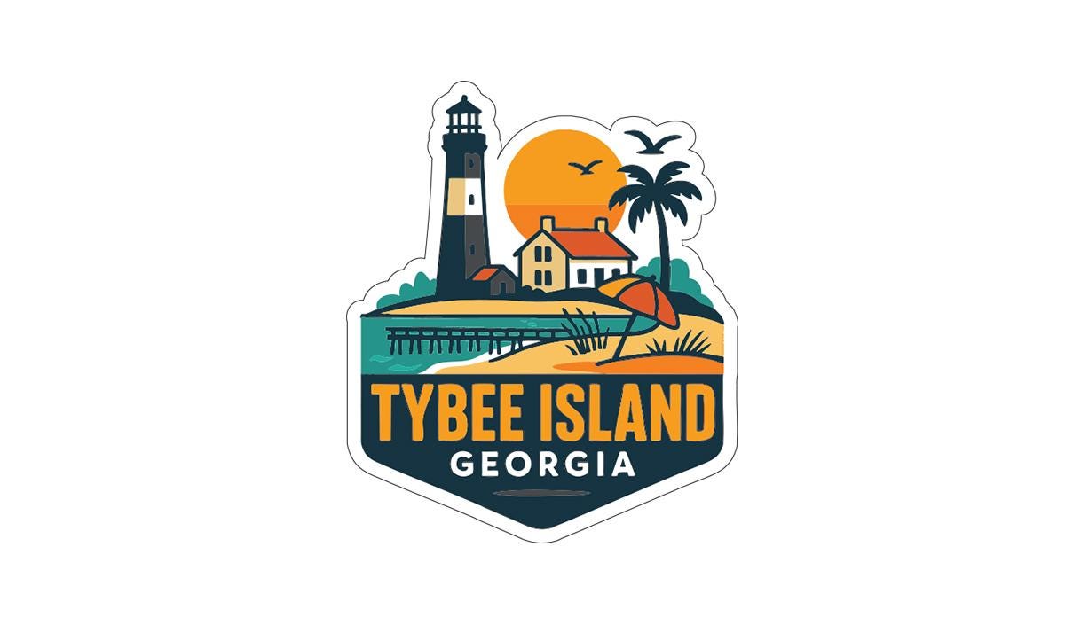 a sticker or logo for Tybee Island, Georgia. It includes a lighthouse, a palm tree, and a sunset, along with the text "TYBEE ISLAND GEORGIA".