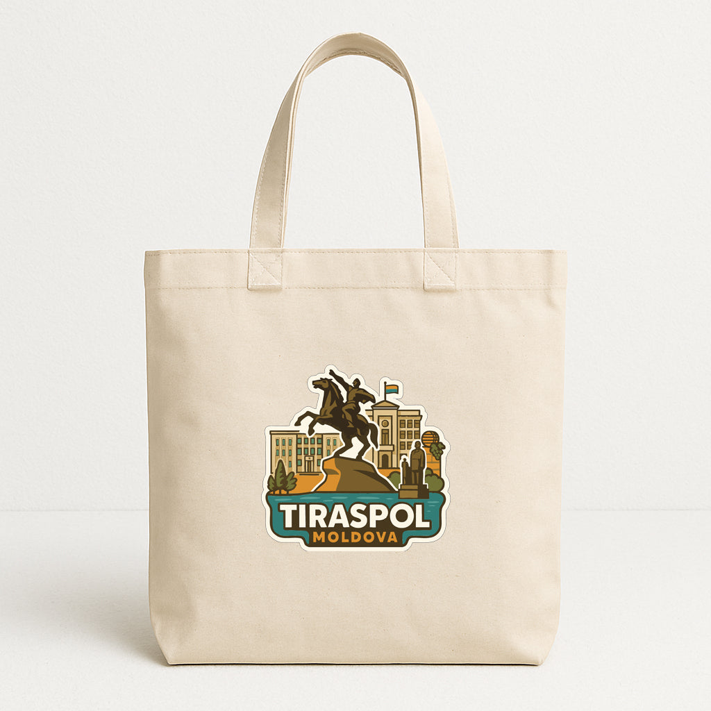 A beige tote bag with a printed design featuring a statue of a man on a horse, along with various cityscape elements such as buildings and a flag.