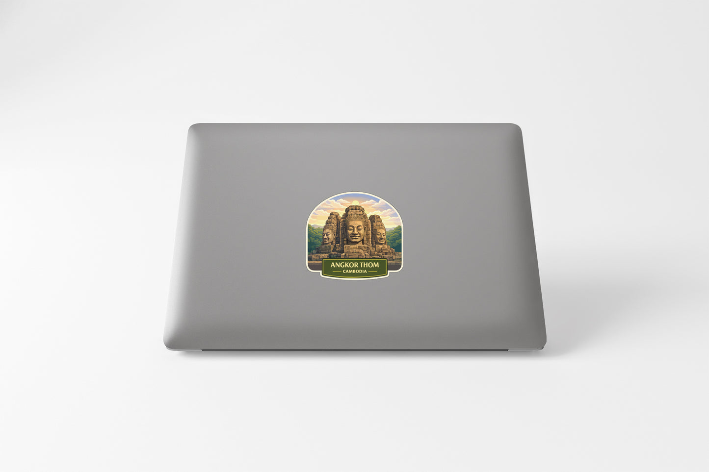 a sticker with an illustration of a temple or monument, likely representing the Angkor Wat temple complex in Cambodia.
