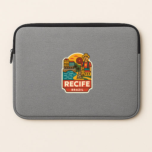 a gray laptop sleeve with a colorful graphic of a man in a hat and a cityscape.