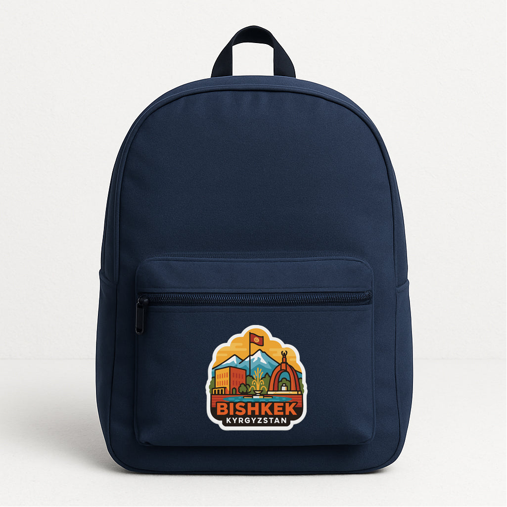 A navy blue backpack with a sticker on the front that says "BISHKÉK Kyrgyzstan".