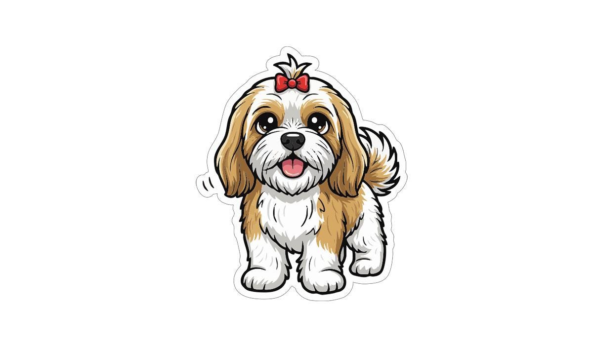 A cartoon illustration of a small, brown and white dog with a red bow on its head.