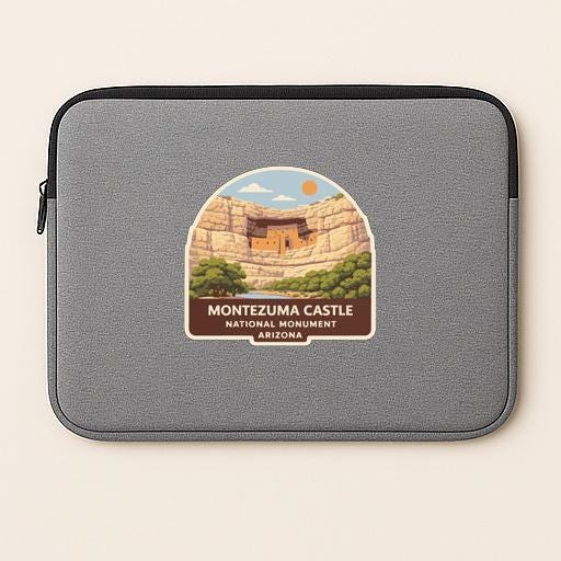 a gray laptop sleeve with a label that reads "Montezuma Castle National Monument Arizona".