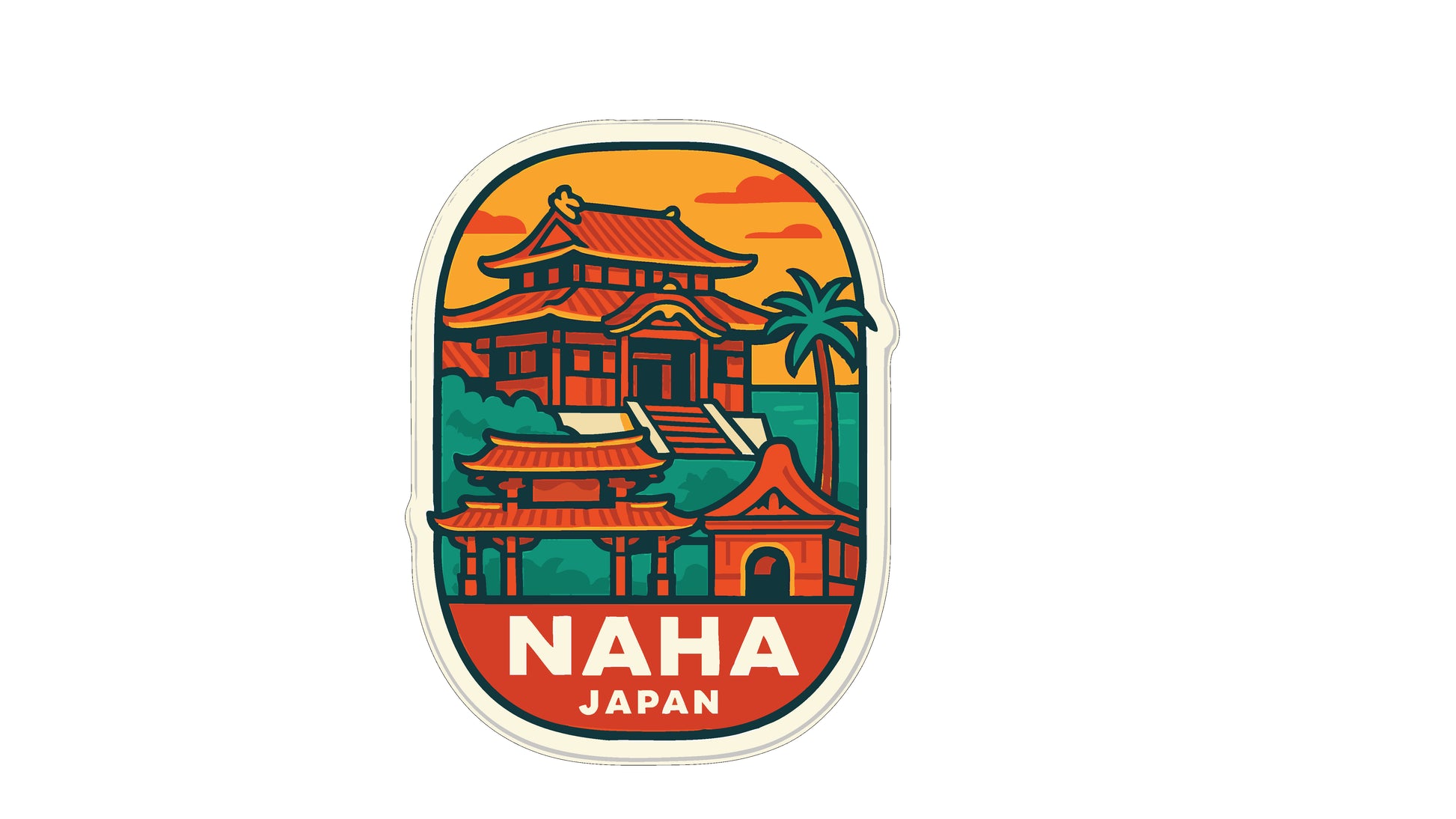 A sticker or label featuring a stylized illustration of a traditional Japanese temple or pagoda, with the text "NHA JAPAN" prominently displayed.