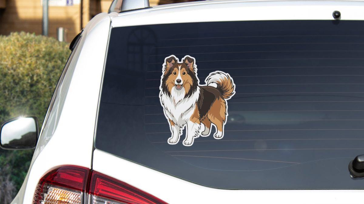 a cartoon illustration of a dog on the rear window of a car.