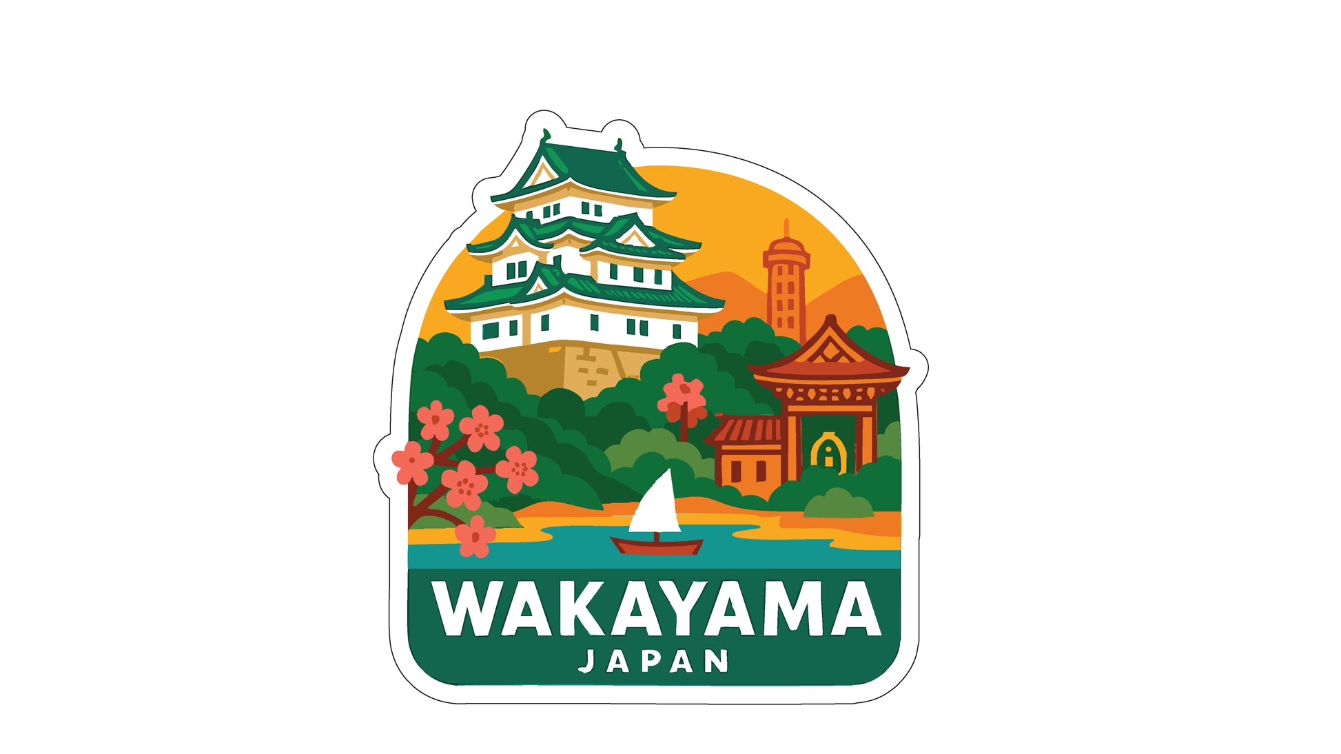 A sticker depicting the famous castle of Wakayama in Japan, surrounded by traditional Japanese architecture and a serene landscape with a small boat on the water.
