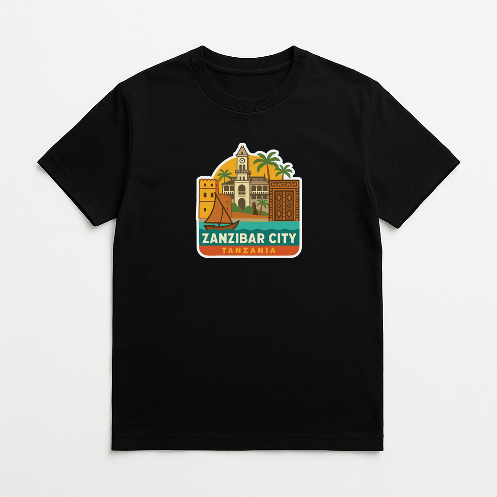 A black t-shirt with a graphic design depicting landmarks and buildings of Zanzibar City, Tanzania.