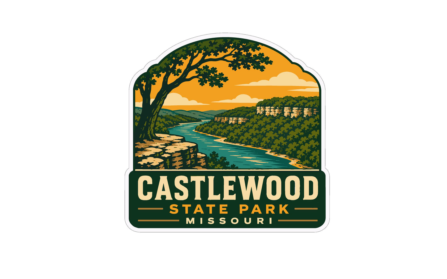 a sticker or emblem with a scenic landscape depicting a river, trees, and mountains. The text "CASTLEWOOD STATE PARK MISSOURI" is prominently displayed, indicating the location or theme of the image.