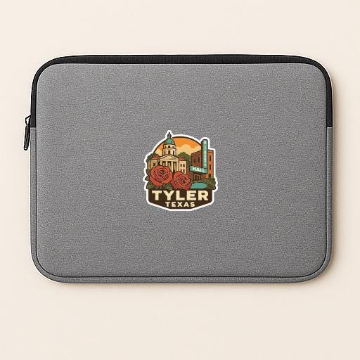 A gray laptop sleeve with a sticker of a city skyline and the text " Tyler, Texas" printed on it.