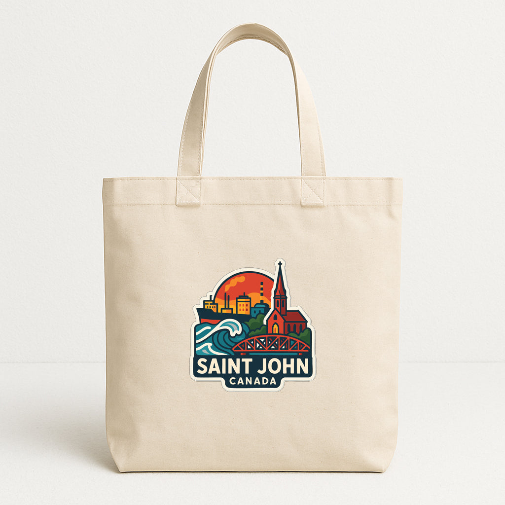 A beige tote bag with a printed design depicting a city skyline and a church, along with the text "SAINT JOHN CANADA".