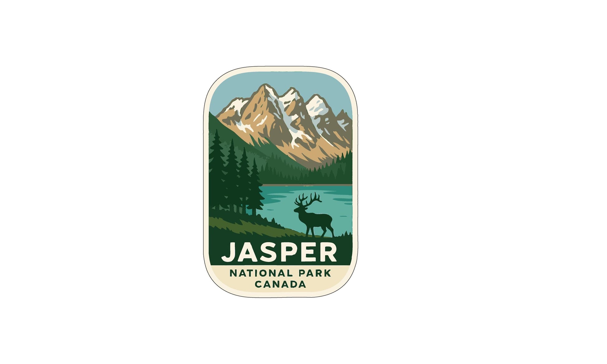 a logo for the National Park of Canada, specifically the Jasper National Park. The logo includes a mountain range, a lake, and a deer, all set against a green and blue background.