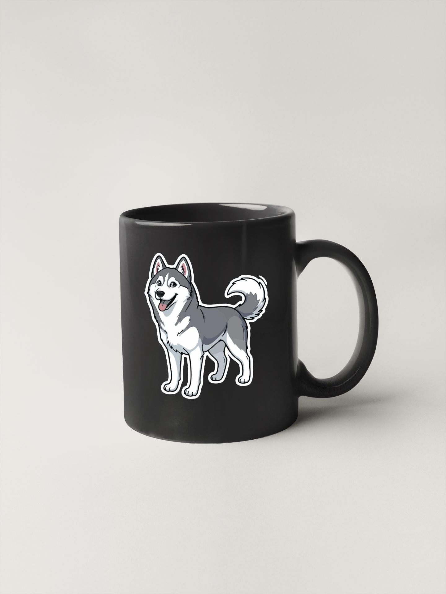 A black mug with a cartoon illustration of a husky dog on it.