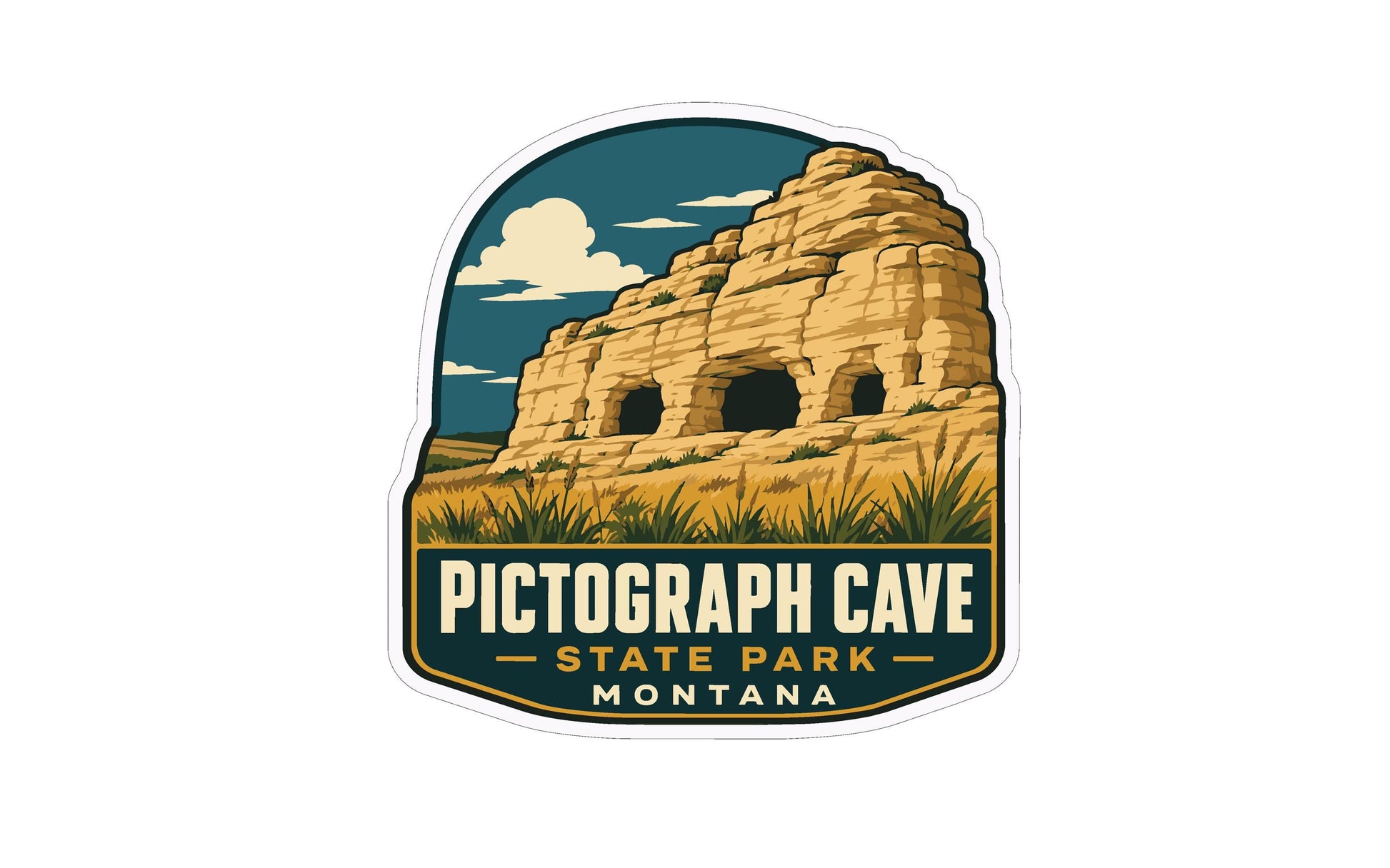 a large, rocky formation with a cave entrance, likely Pictograph Cave, which is a famous landmark in Montana.