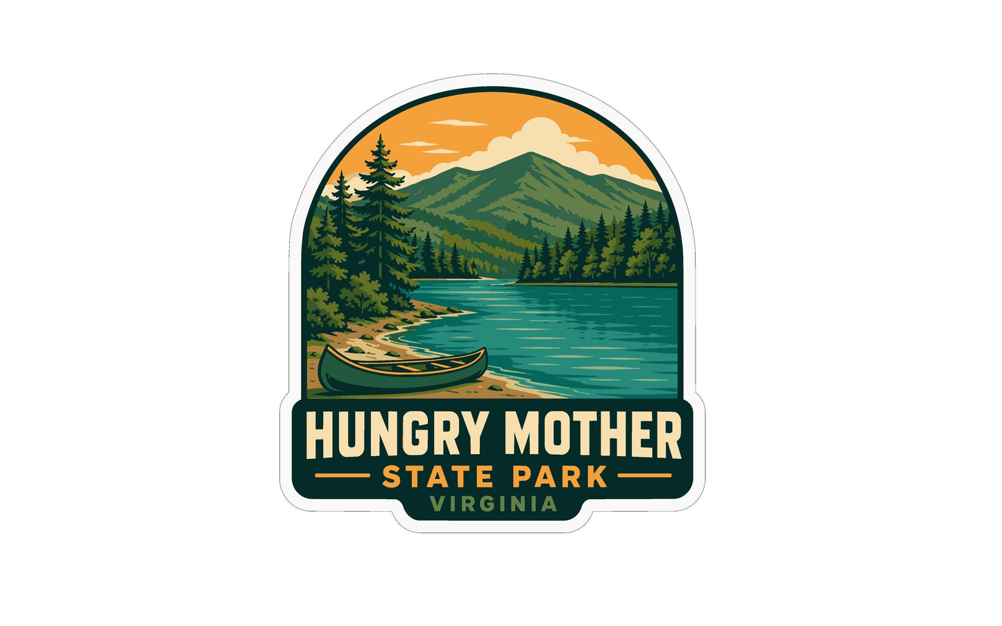 A sticker depicting a scenic landscape with a lake, mountains, pine trees, and a canoe, with the text "hungry mother state park virginia" prominently displayed.