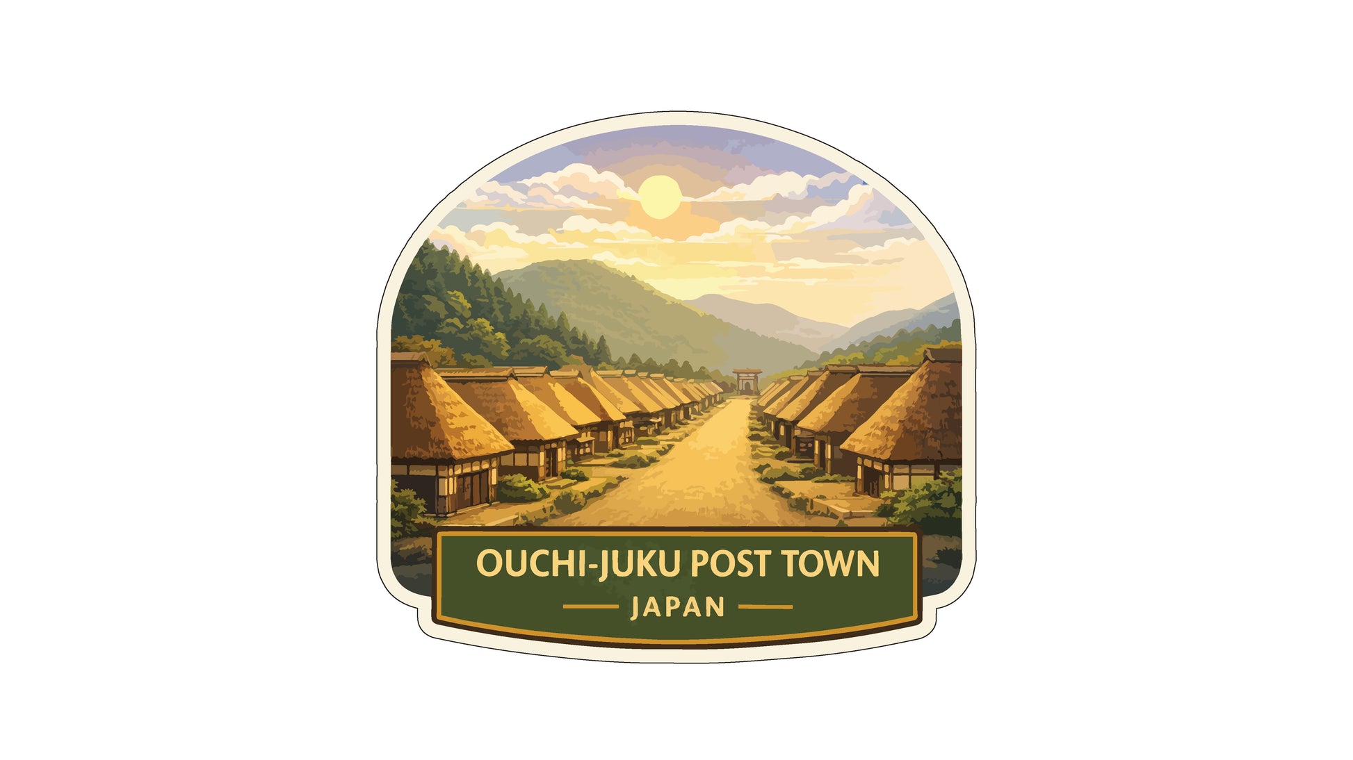 a scenic view of a traditional Japanese village, with rows of thatched-roof houses lining a winding dirt road that leads to a mountain in the distance. The sky is filled with clouds, and the sun is setting, casting a warm glow over the landscape. The text "OUCHI-JUKU POST TOWN JAPAN" is prominently displayed, indicating the location of the village.