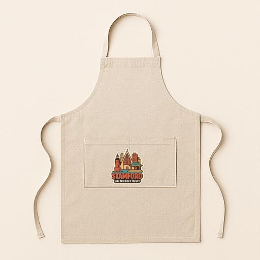 A beige apricot with a printed design of a city skyline on the front pocket.