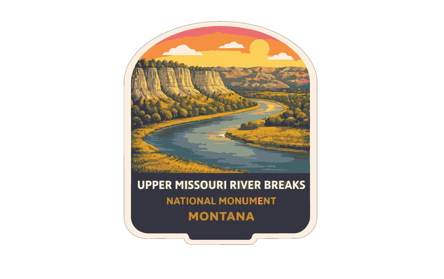 A sticker depicting the Upper Missouri River Breaks, featuring a scenic landscape with a winding river, mountains, and a sunset sky.