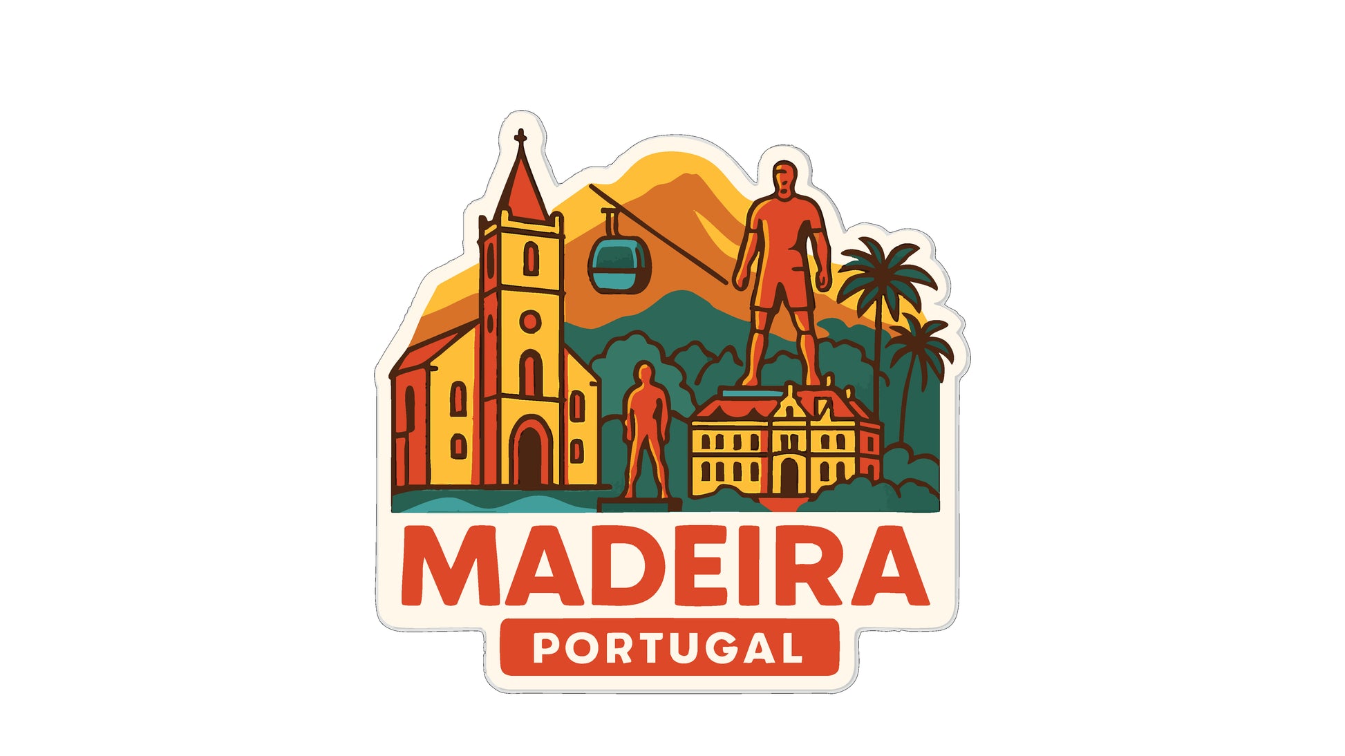 a sticker or emblem with various landmarks and symbols associated with Madeira, Portugal.