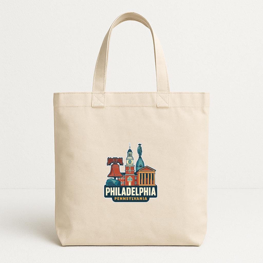 A beige tote bag with a printed design of Philadelphia, Pennsylvania landmarks.