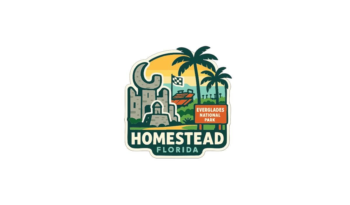 A colorful logo depicting a tropical scene with palm trees, a castle, and a sunset, along with the text "EVERGLADES NATIONAL PARK FLORIDA".