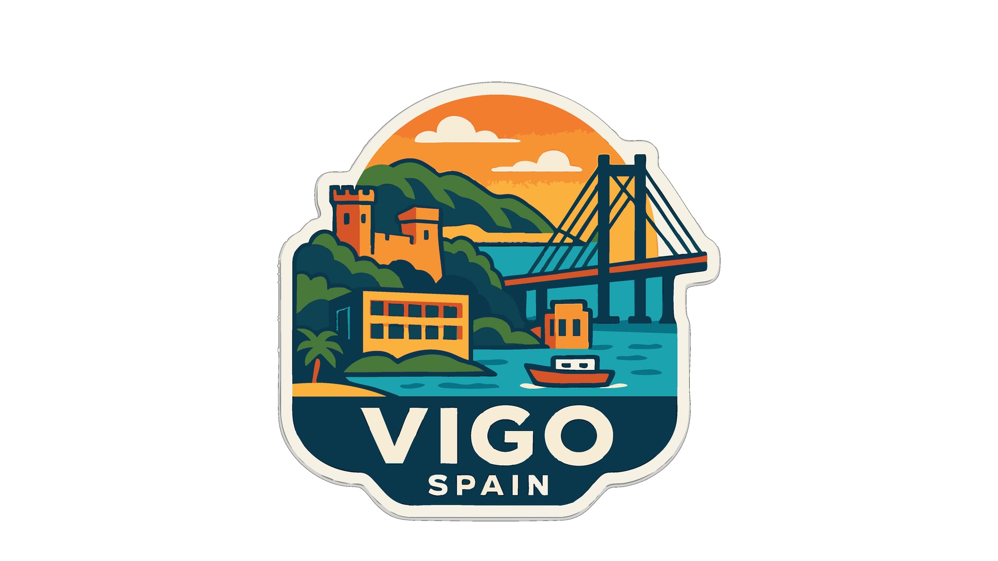 The image is a sticker or emblem featuring a castle, bridge, and boats, with the text "VIGO SPAIN" prominently displayed.