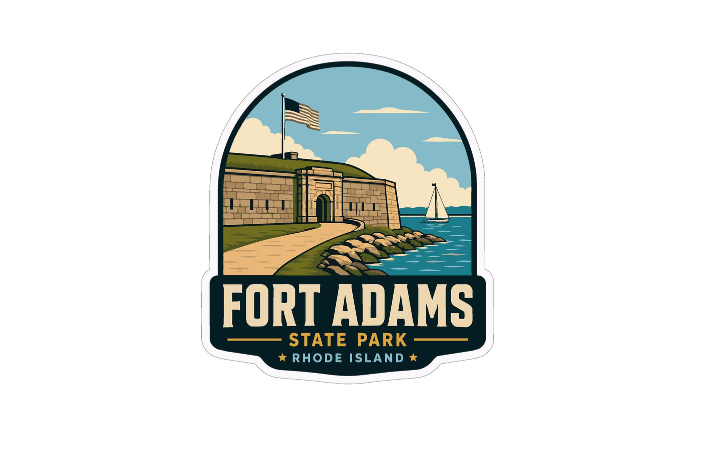 a sticker or emblem with a castle, flag, and sailboat, along with the text "FORT ADAMS STATE PARK RHODE ISLAND".