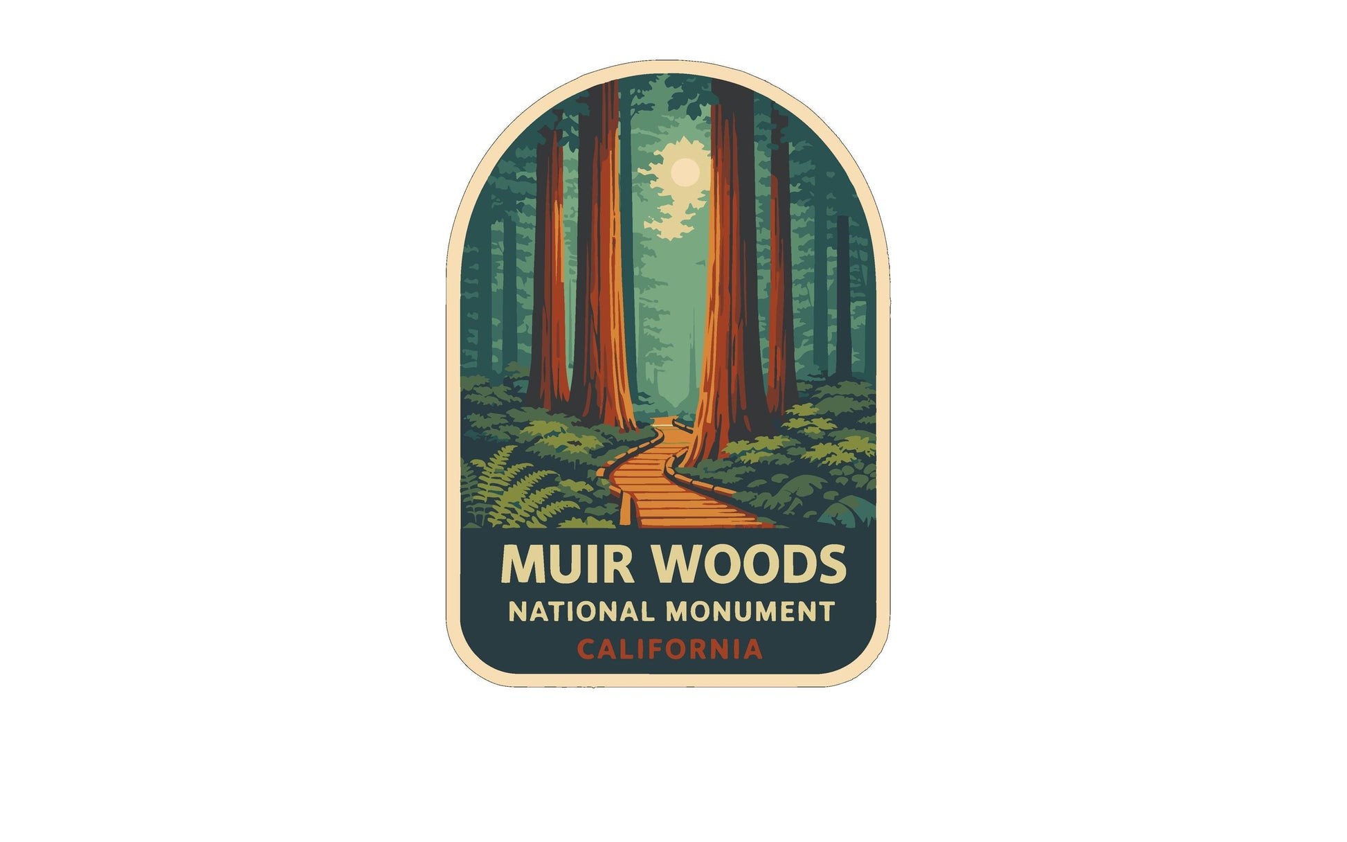 a sticker or label with an illustration of Muir Woods National Monument in California. The label includes a path leading through the forest, surrounded by tall trees and greenery.