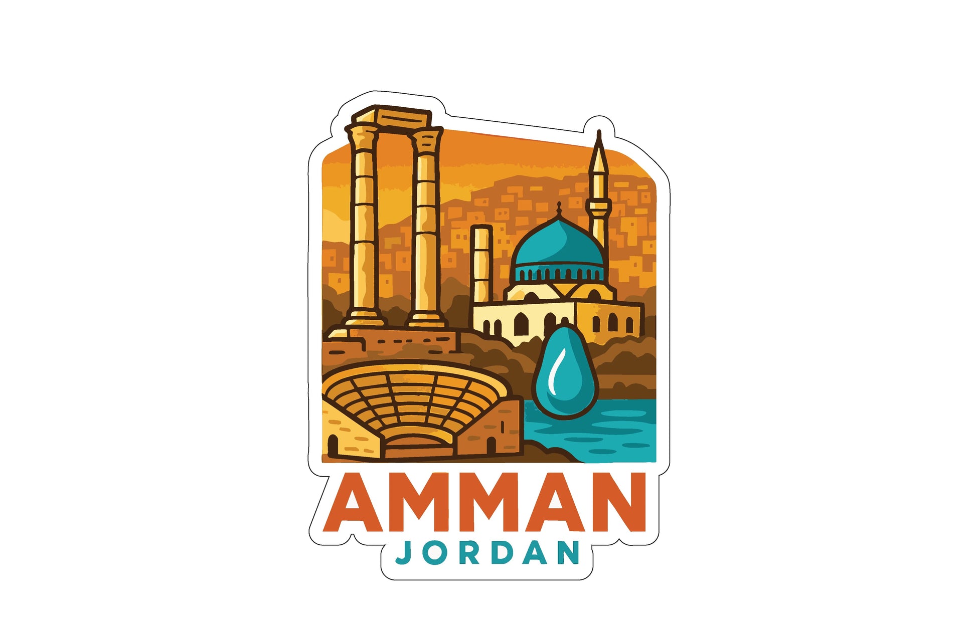 a stylized illustration of the Amman Jordan cityscape, including a mosque, a fountain, and a large building.