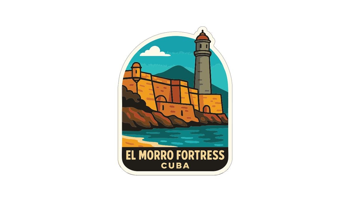 A sticker depicting the El Morro Fortress in Cuba, with a lighthouse and a mountainous background.