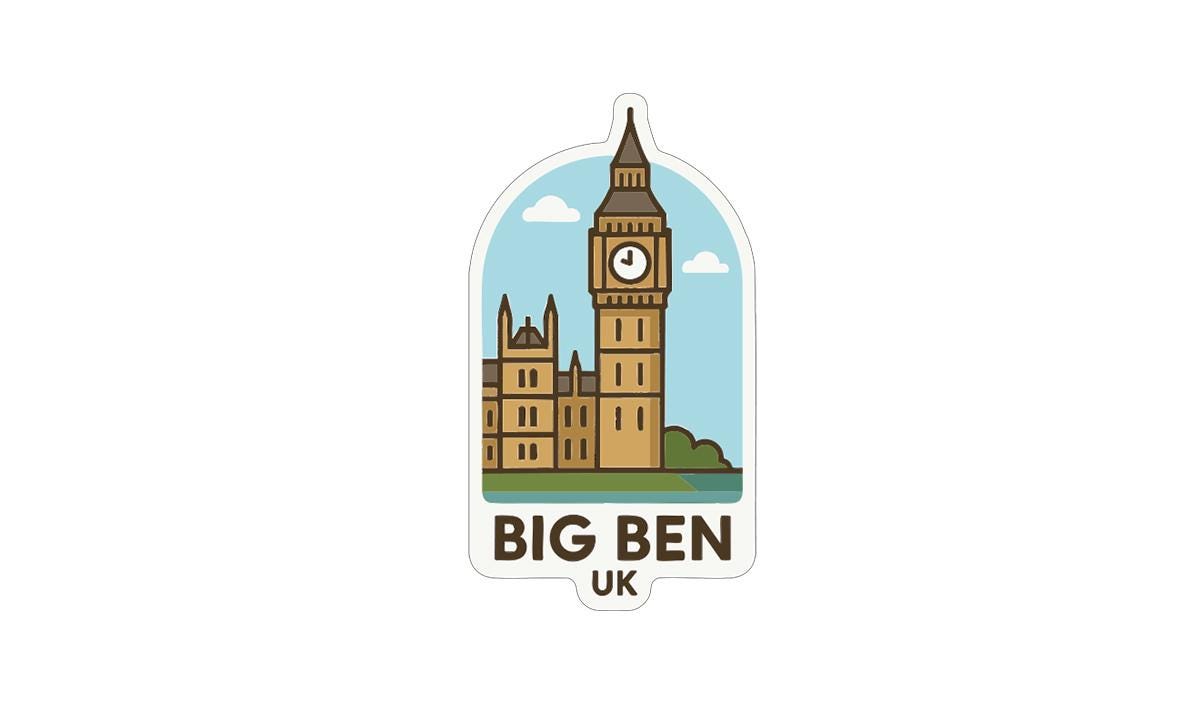 A sticker depicting Big Ben, the famous clock tower in London, UK.