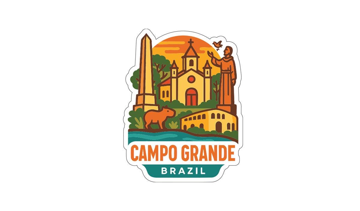 a sticker or emblem with a stylized illustration of a cityscape, including a church, a monument, and a statue, along with the text "CAMPO GRANDE BRASIL".