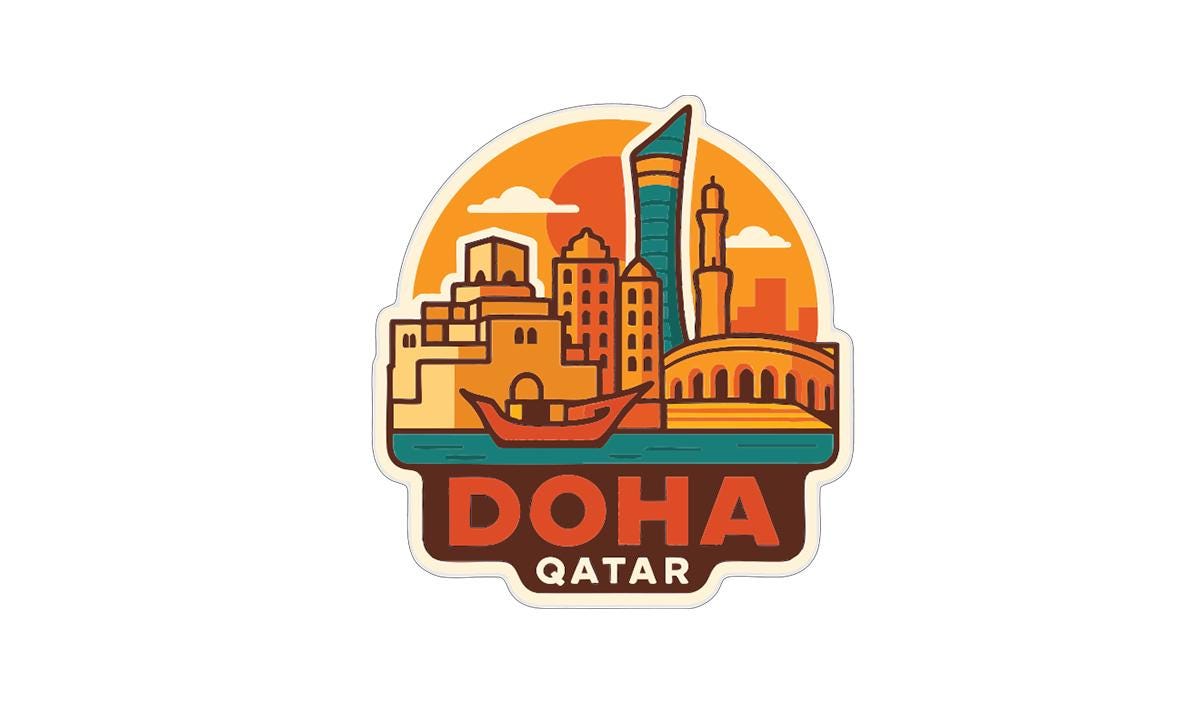a stylized illustration of the cityscape of Doha, Qatar, with various landmarks and buildings depicted in a vibrant, colorful style.
