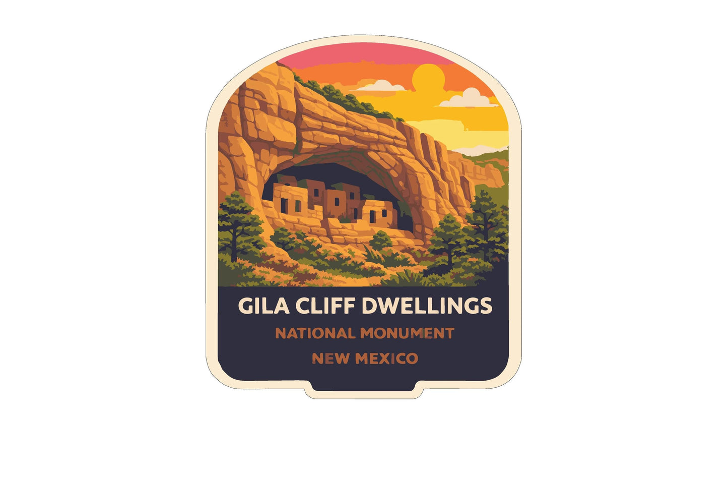 a sticker or label with a stylized illustration of a cliff with a cave-like opening, surrounded by trees and mountains. The text on the sticker reads "Gila Cliff Dwellings National Monument New Mexico".