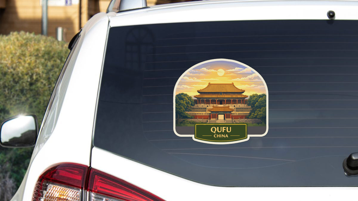 A sticker on the rear window of a car depicting the Forbidden City in Beijing, China.
