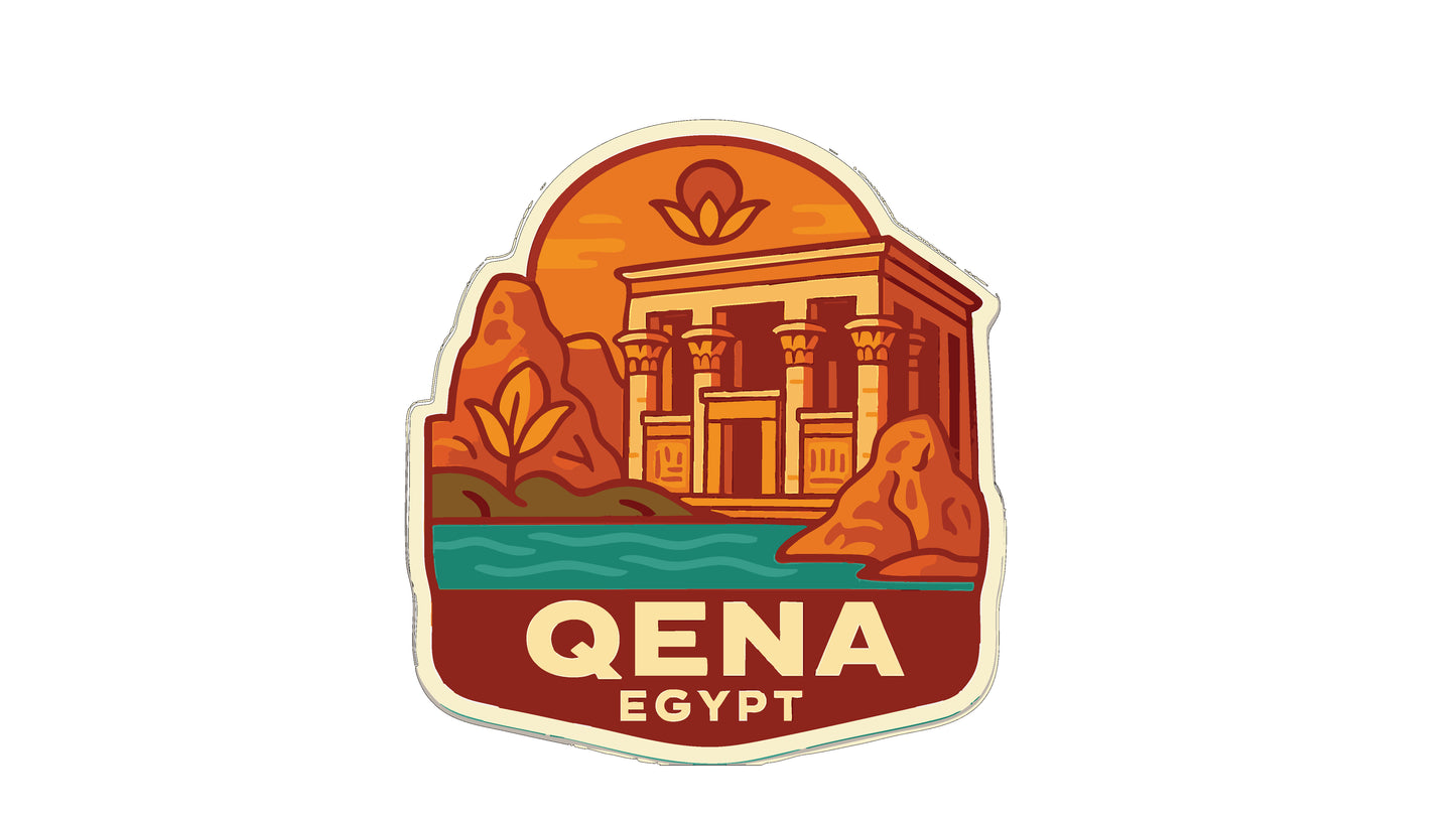 a sticker or emblem with a stylized illustration of a building, possibly an ancient Egyptian structure, set against a landscape with mountains and a body of water.