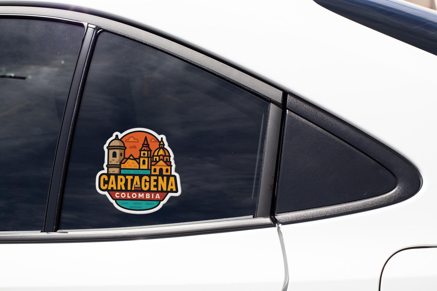 A sticker on the side of a car window that says "CARTAGENA COLOMBIA".