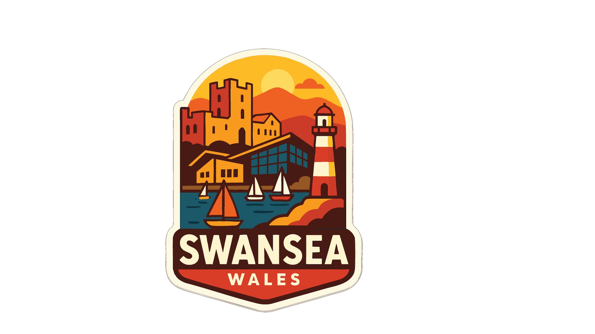 The image is a sticker or emblem featuring a cityscape with a lighthouse, boats, and buildings, along with the text "SWANSEA WALES".