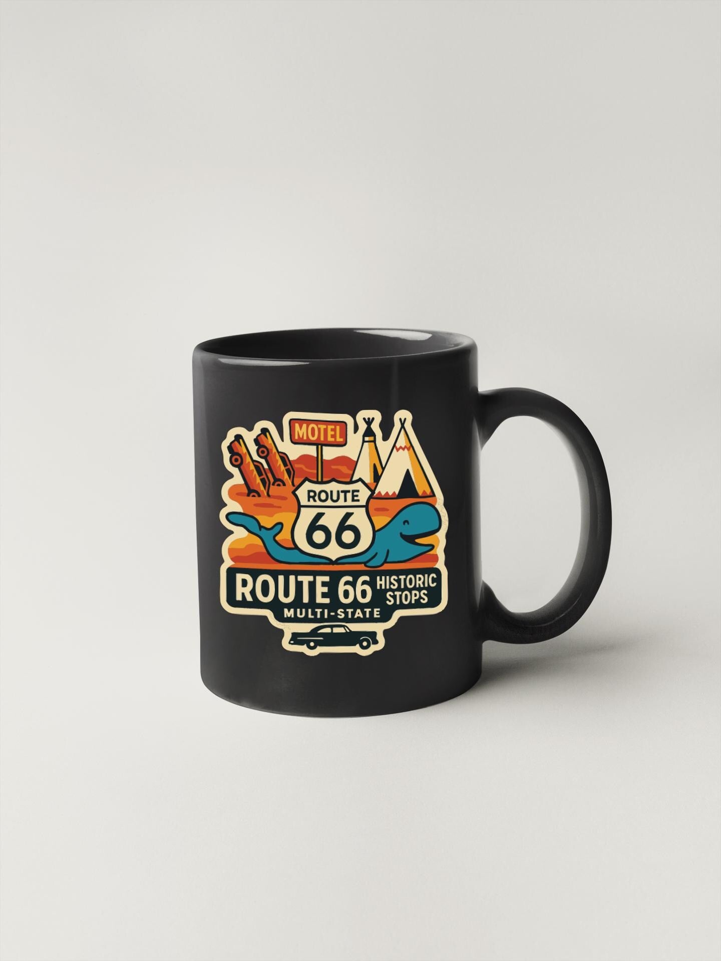 A black coffee mug with a colorful graphic design featuring the text "MOTEL ROUTE 66 HISTORIC STOPS MULTI-STATE" and various road signs and landmarks associated with Route 66.