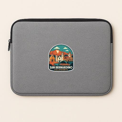 A gray laptop sleeve with a San Bernardino, California-themed patch on it.