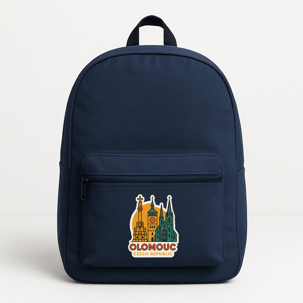 A navy blue backpack with a graphic of the Olomouc Republic on the front pocket.