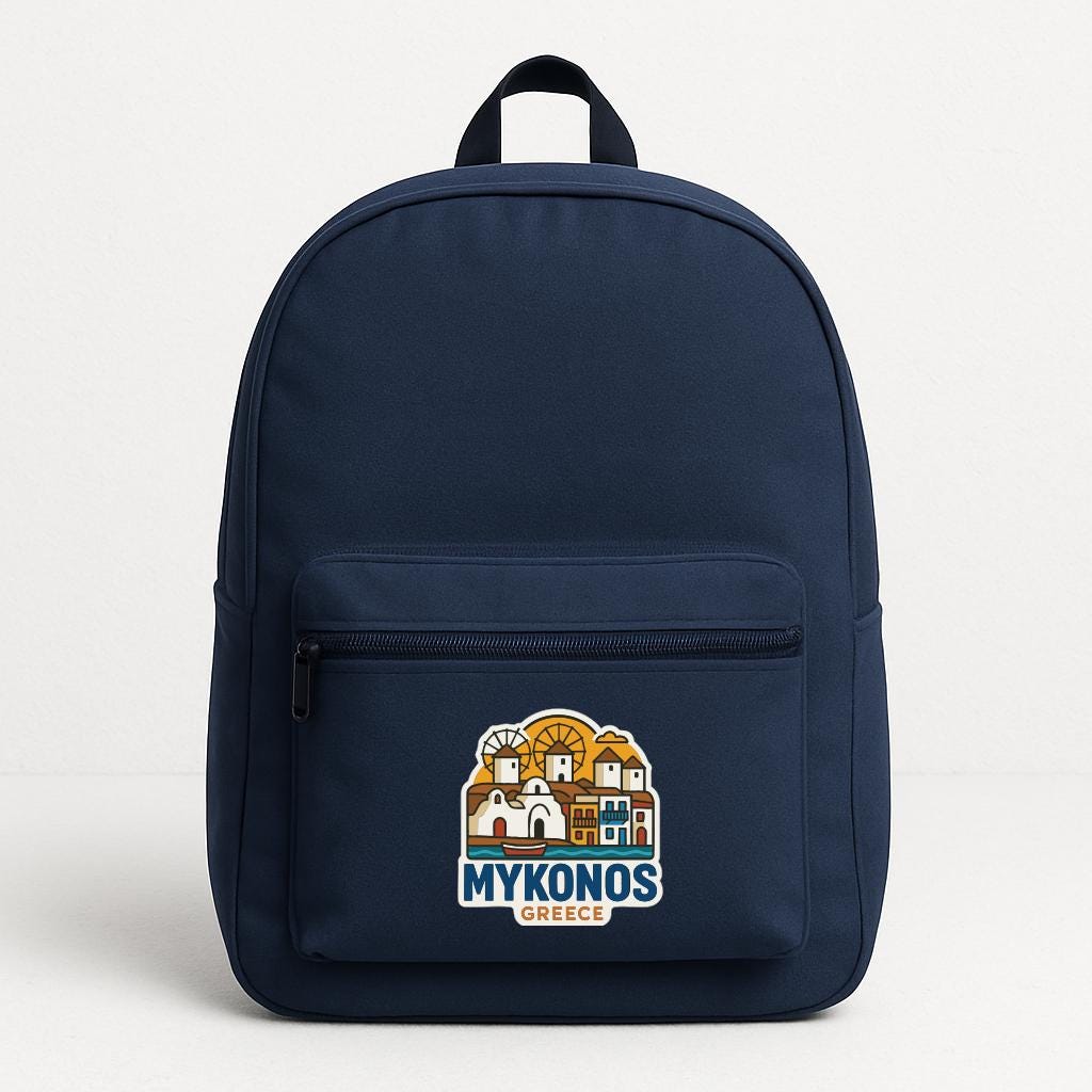 A navy blue backpack with a graphic of a Greek island and the text "MYKONOS GREECE" printed on it.