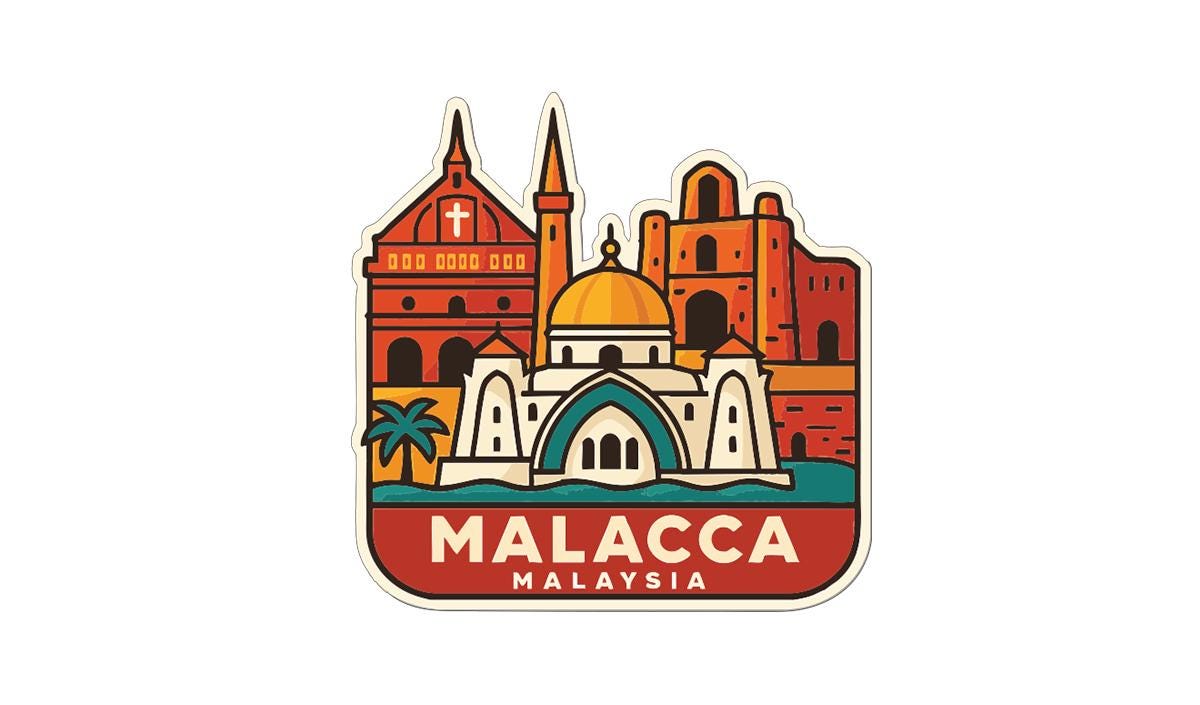 A sticker or illustration depicting the skyline of Malacca, Malaysia, with various buildings and landmarks.